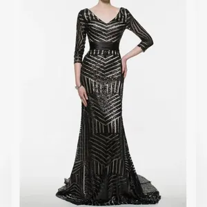 Women’s Black Sequined Full Length Prom Party Dress 3/4 Sleeve Train Size 12 thumbnail 15