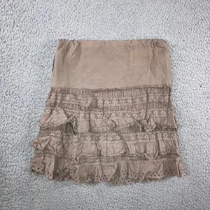 Tiered Ruffle Mini Skirt Women XS Taupe Brown Eyelet Lace Boho Coastal Fairy y2k thumbnail 2