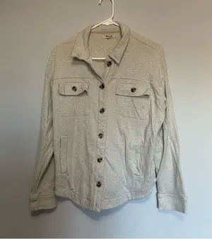 Madewell Brushed Cotton Button Up Cream Shacket Sweater Over Jacket thumbnail 4
