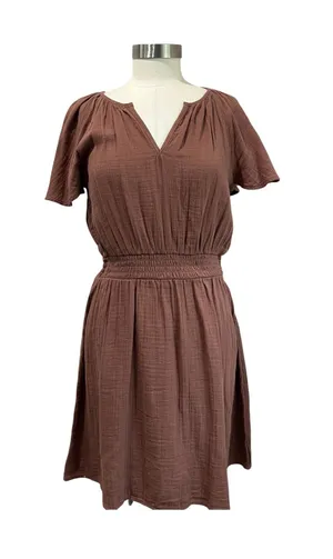 Loft Brown Gauze Cotton Dress Smocked Waist V‎ Neck Casual NWT Size S thumbnail 1