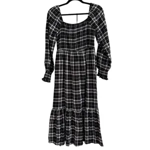 Lucky Brand Black Plaid Smocked Midi Dress‎ Grunge Cottagecore Long Sleeve NWT thumbnail 2