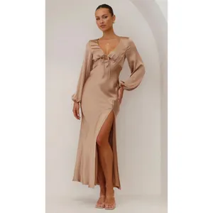 Billy J Brigitte‎ Dress Plus Size 20 Tan Satin Tie Front Maxi V Neck Old Money thumbnail 11