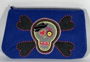 Womens Makeup Pouch Cosmetic‎ Wallet Blue Felted Skull Crossbones Punk Goth thumbnail 1