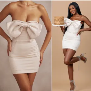 NWT House of CB Ariella Cream Satin‎ Crystal Embellished Bow Dress Size M $269 thumbnail 5