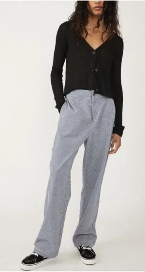 Free People Kate Gingham‎ Pants Navy White 100% Cotton Straight Leg Size Medium thumbnail 1