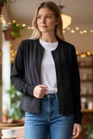 Lola & Sophie Black Zip Up Jacket Ribbed Sleeves‎ Size XS thumbnail 1