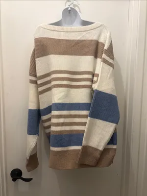Striped Oversized Knit Sweater - Cream, Tan & Blue size XL new thumbnail 4