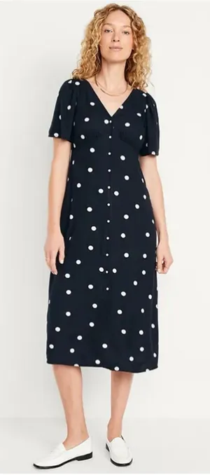 Old Navy M Polka Dot Midi Dress Navy Full‎ Button Front Classic Empire Waist thumbnail 1