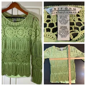Uniform John‎ Paul Richard Green Crochet Lace Knit Long Sleeve Sweater Top Smal thumbnail 10