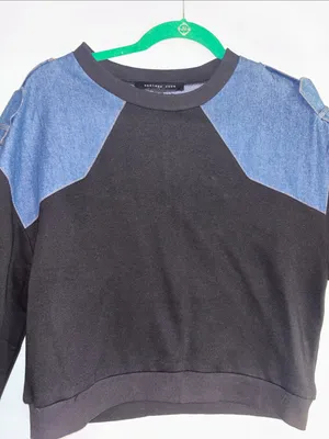 Endless Rose Crew Neck Sweatshirt Blue Denim Shoulder Panels Black Cotton Body thumbnail 1