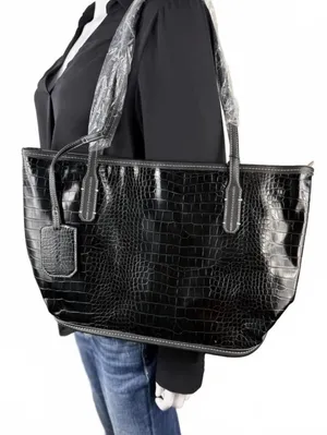 Black Croc Embossed Tote Bag with Zipper and Interior Pockets thumbnail 1