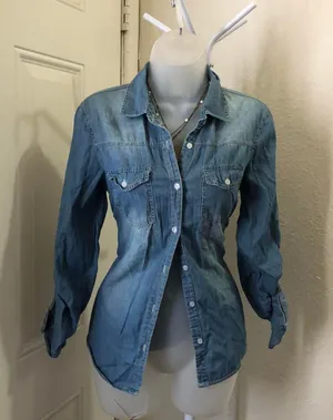 2000s western blue faded wash jean denim button-up office siren core shirt top blouse long sleeve-S Measurement in pics thumbnail 1