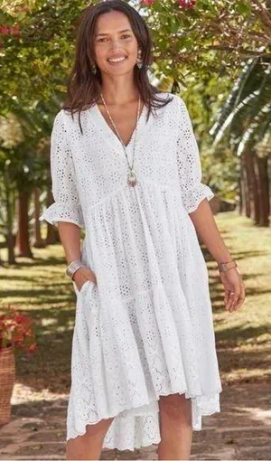 Sundance Jasmine White Eyelet midi Dress tiered asymmetric M petite thumbnail 1