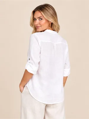 Zara 100% Linen Oversized White V-Neck Button Down Blouse XS Mandarin Collar thumbnail 3