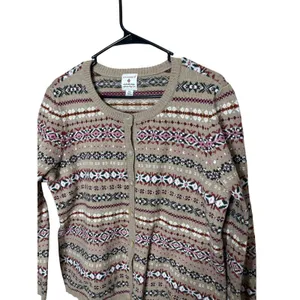 Vintage‎ Appleseeds Wool Blend PL Tan Multi Fair Isle Pattern Cardigan Sweater thumbnail 2