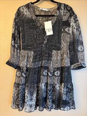 NEW! ZARA Black Gray Paisley Tiered Mini Dress SMALL Semi Sheer Balloon Sleeves thumbnail 16