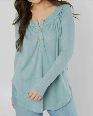 Free People We the Free Must Have Henley Waffle Aqua blue Long Sleeve size large thumbnail 1