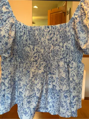 Blue & White Floral Smocked Peplum Puff Sleeve Blouse | Cottagecore | Women’s thumbnail 4