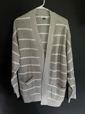 American Eagle Grey and White Striped Cardigan thumbnail 3