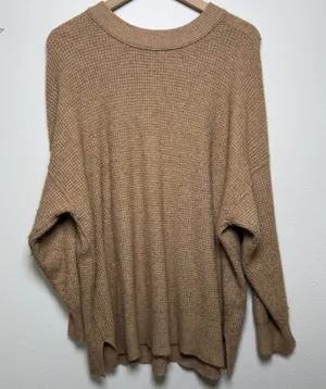 Aerie Women‎ Cozy Up Waffle Sweater Medium Tan Oversized Crewneck thumbnail 1
