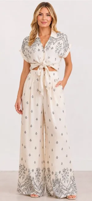 Cream Printed Wide-Leg Two-Piece Pant Set Medium thumbnail 1