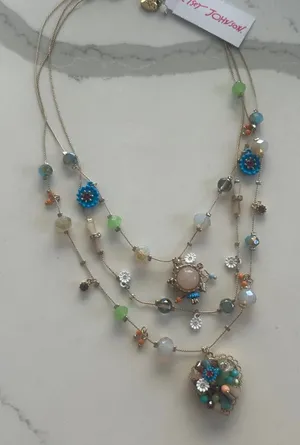 Betsey Johnson Heart Layer Beaded Pendant Necklace - Pastel Blue Green Coral New thumbnail 1