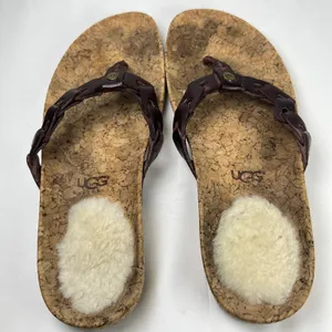 UGG Australia Cork Brown Leather Thong Sandals Shearling Footbed Women US 8 thumbnail 4