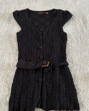 Heather B Black Knit M Crochet Long Cardigan Boho Fairy Goth Whimsigoth Cotton thumbnail 1