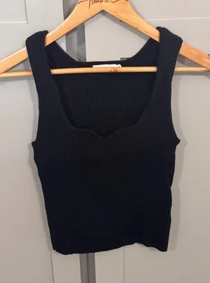 Avec Les Filles Black Ribbed Knit Sweetheart‎ Neck Tank Top Small thumbnail 1