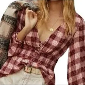 Pilcro Blouse Women Medium Red Plaid Smocked‎ Waist V-Neck Boho Top thumbnail 1