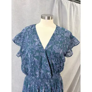 Voy Teal Blue Floral‎ Midi Dress Smocked Waist Flutter Sleeve L Cottagecore thumbnail 2