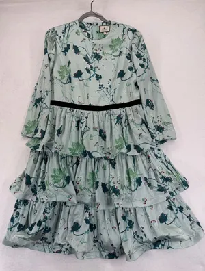 Tuckernuck Floral Tiered Dress Long Sleeve Womens XL Green Black‎ Trim READ thumbnail 1