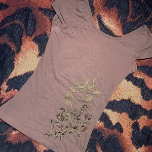 Buffalo David Bitton Vtg 90s Y2K baby doll graphic tee shirt tunic grunge beaded embroidered gold M thumbnail 1
