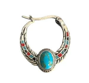 Vintage Silver Tone Hoop Earrings Faux Turquoise Enamel Southwestern Estate 1" thumbnail 3