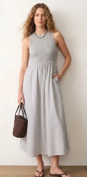 Marine Layer Darcy Smocked Poplin Dress M Pima Cotton NWT Navy Stripe thumbnail 1