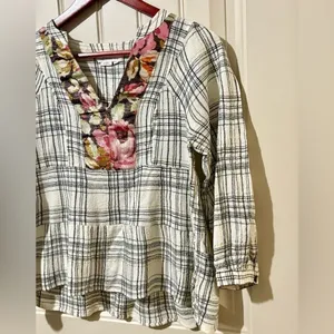 by Anthropologie Black/White Darlene Plaid Peasant Blouse thumbnail 4