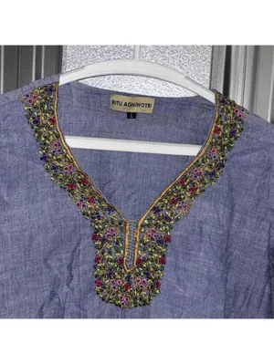 Ritu Agnihotri Indian 100% Cotton Lightweight Chambray Embroidered Blouse Top thumbnail 2