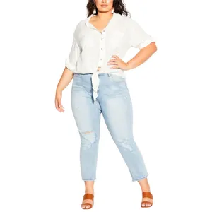 City Chic Womens Trendy Plus Size Tropical Tie Collared Top Ivory Off White 2XS thumbnail 7