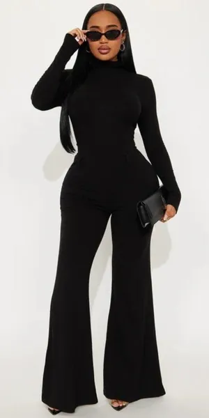 Superdown Black Long Sleeve mock neck Open Back Bell Bottom Jumpsuit Sz S sparle thumbnail 1