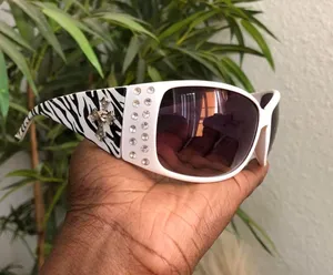 Y2K Gothic Whimsygoth Baddie Cyber Vixen Trendy Streetwear Black White cross sunglasses rhinestone silver bedazzled studs Grunge Gorpcore Mcbling thumbnail 1