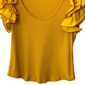 Ulla Johnson‎ Koa Ribbed Knit Top Golden Yellow Ruffle Sleeve Feminine Dainty L thumbnail 5