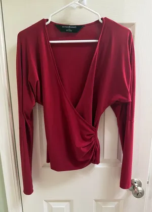 Norma Kamali Red Surplice Blouse Sz Sm Red Top Shirt Ruched Workwear thumbnail 1