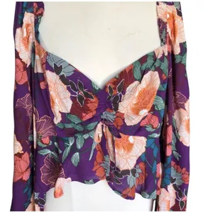 Band of the Free NWT Floriane Purple Floral Balloon Sleeve Crop Top Women Large thumbnail 4