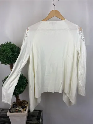 Limited Ivory Long Sleeve Crochet Accent Open Drape Front Cardigan Sweater M thumbnail 3