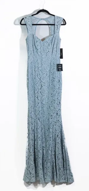 NEW Lulus Rosetta Slate Blue Allover Lace Cut Out Back Maxi Dress Medium thumbnail 1