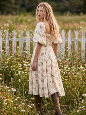 Selkie Coquette Fairytale Princess Floral Puff Sleeve Midi Day Dress Size Medium thumbnail 2