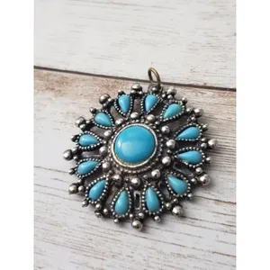 Vintage Pendant Silver Tone & Turquoise Tone 1.5" - No Chain Included thumbnail 2