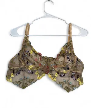 Gooseberry Intimates floral embroidered bralette with yellow, red, and purple flowers on beige mesh #lingerie #embroidered thumbnail 2
