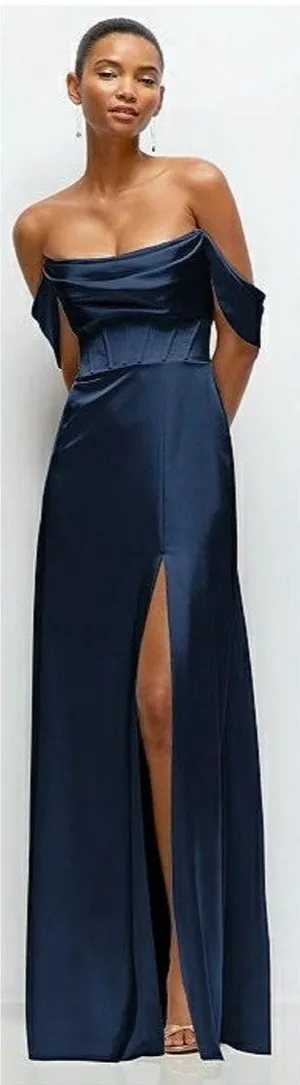 After Six A-Line Satin Maxi Dress Midnight Navy Size 2 Off Shoulder Strapless thumbnail 1