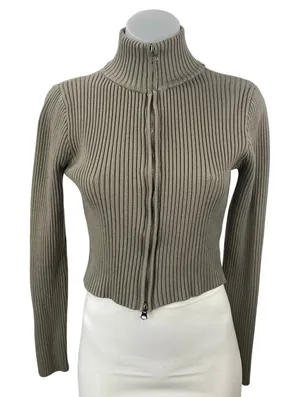 Edikted Olive Green Turtleneck Ribbed Knit Long Sleeve Zip Up Crop Sweater Sz M thumbnail 1